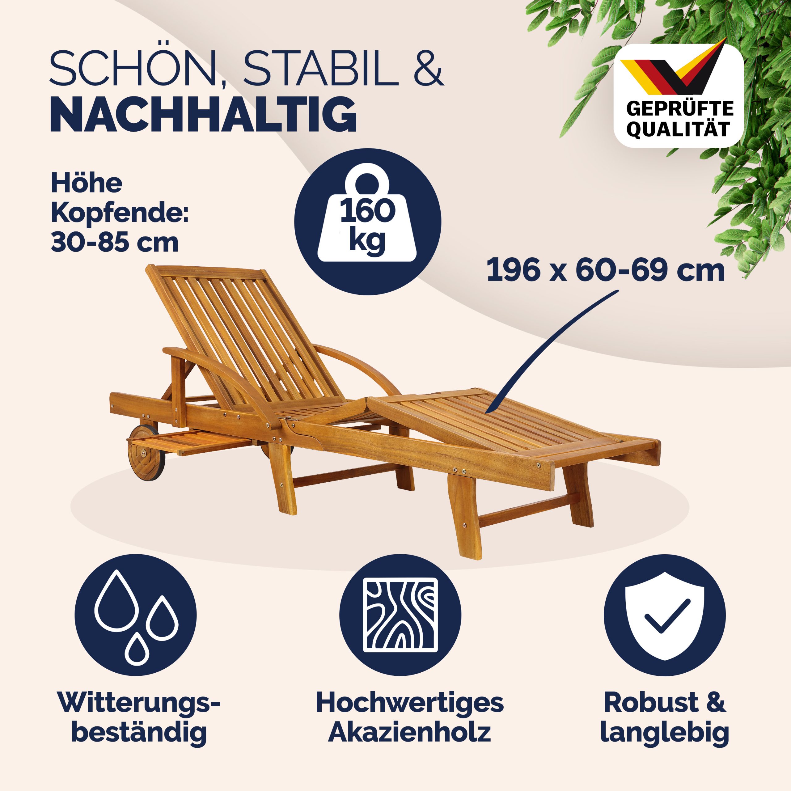 Gartenliege klappbar verstellbar Akazienholz mit Ausziehtisch Rollen - Gallery 3 Gartenliege klappbar verstellbar Akazienholz mit Ausziehtisch Rollen