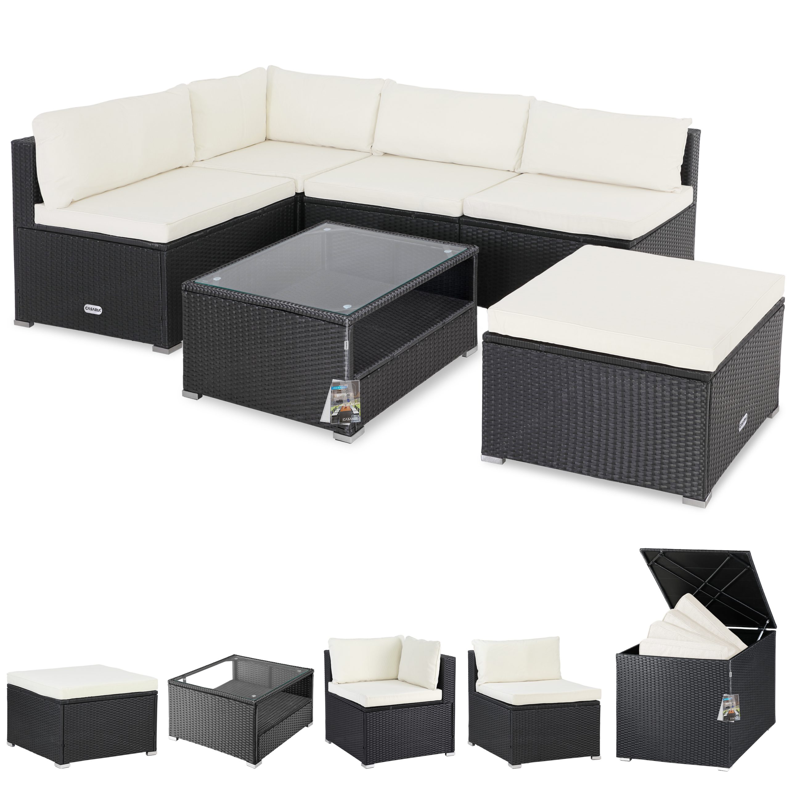 Polyrattan Ecklounge Schwarz/Creme mit Polyrattan Auflagenbox Schwarz