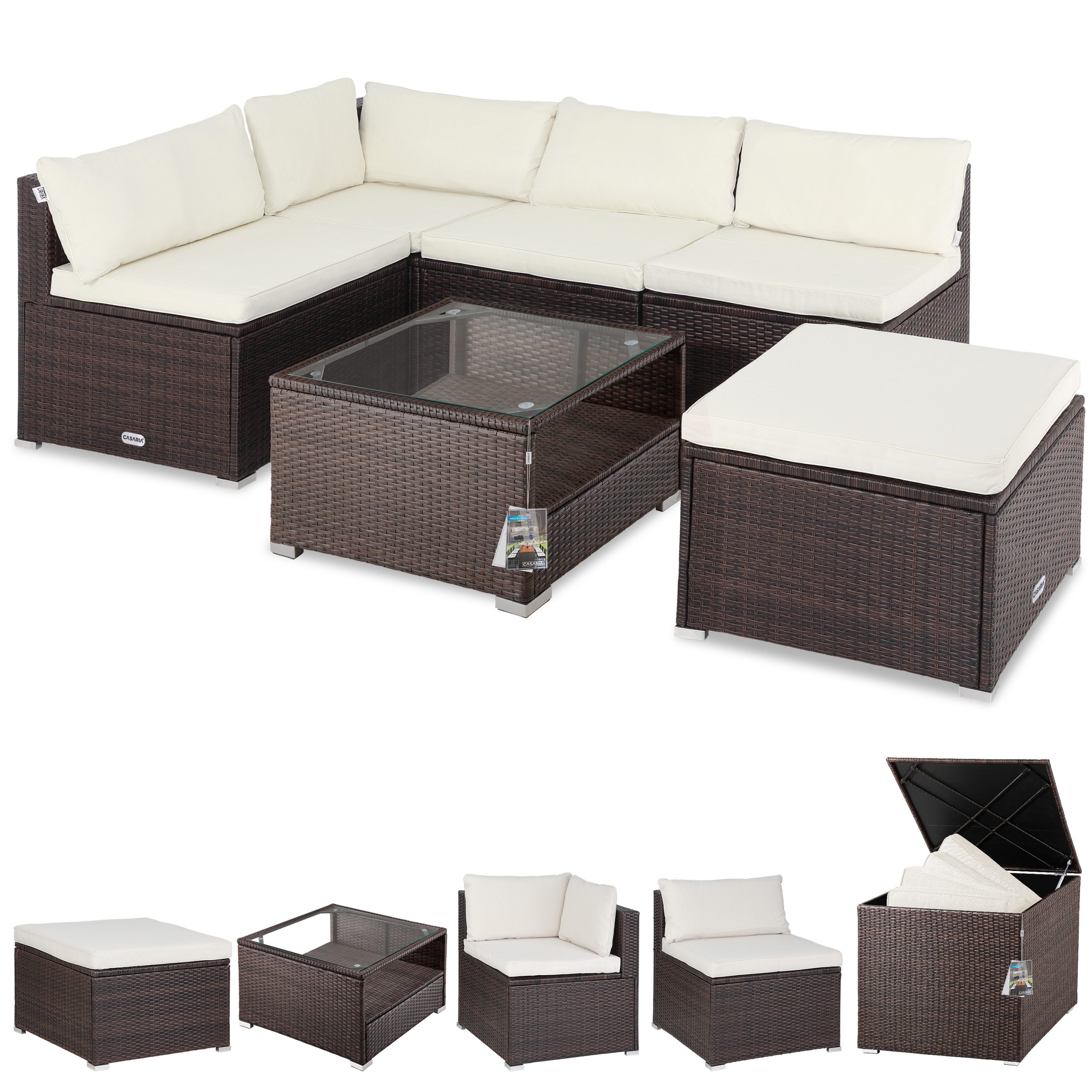 Polyrattan Ecklounge Braun/Creme mit Polyrattan Auflagenbox Braun