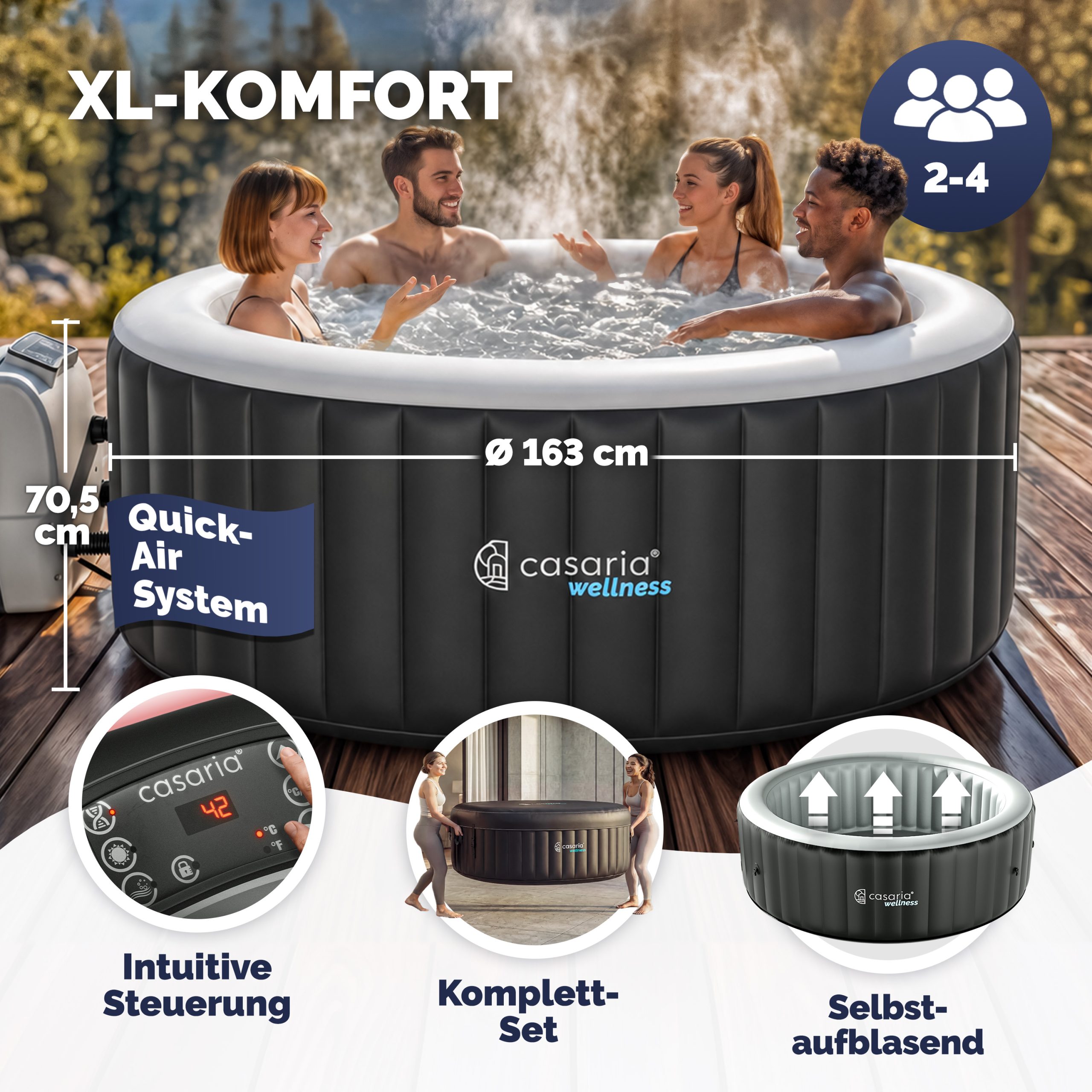 Whirlpool aufblasbar Schwarz rund 4 Personen 20-42°C winterfest