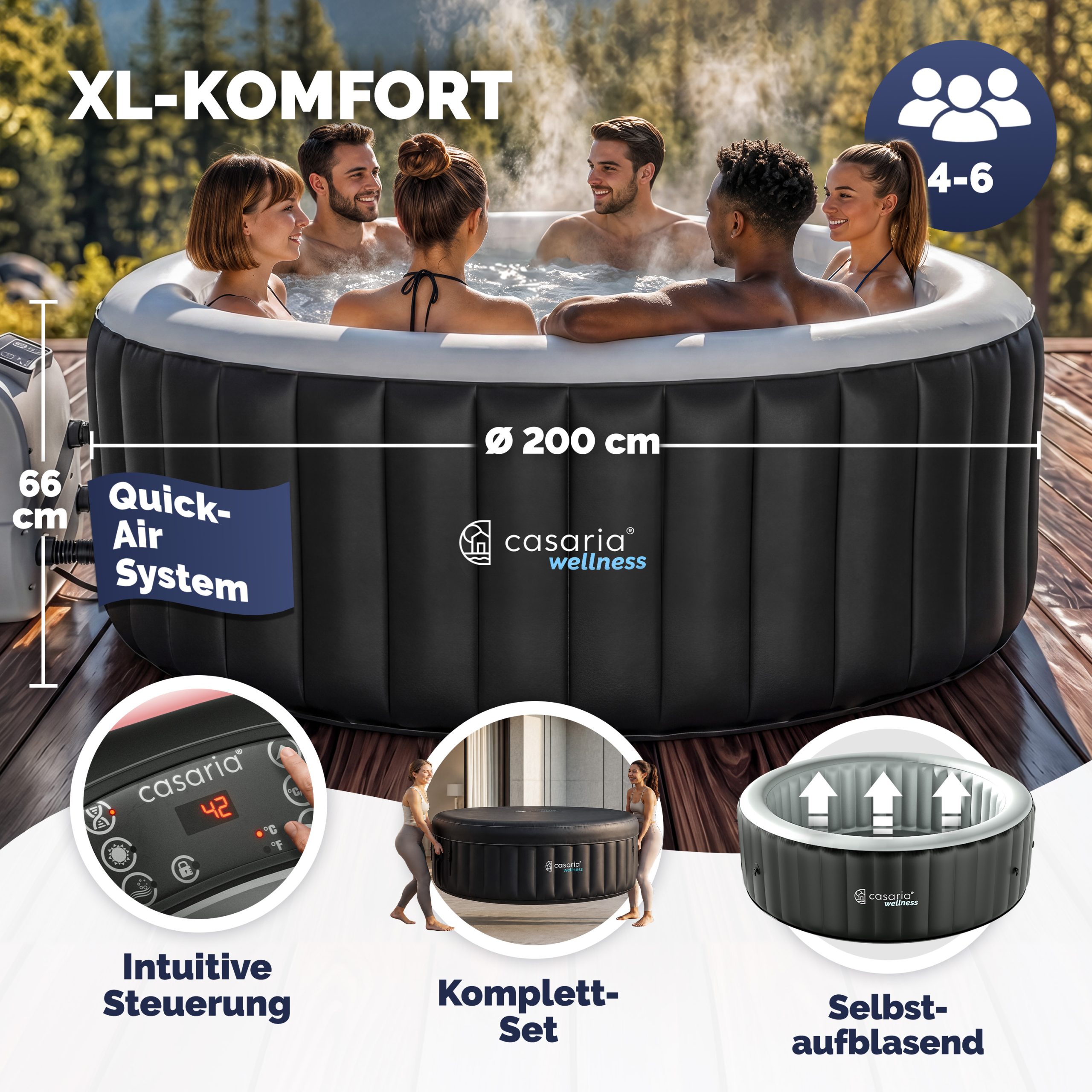 Whirlpool aufblasbar Schwarz rund 6 Personen 20-42°C winterfest