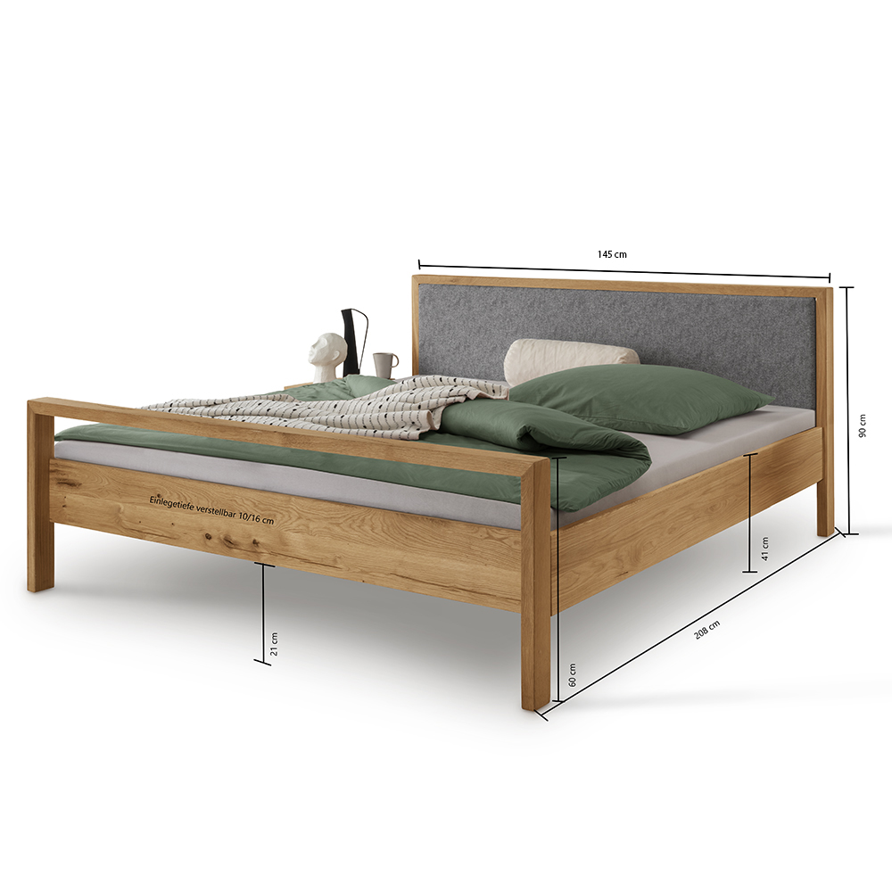 Bett 140x200 Cm Mit Gepolstertem Kopfteil, Eiche Massiv Avellino-137 Bett 140x200 Cm Mit Gepolstertem Kopfteil, Eiche Massiv Avellino-137