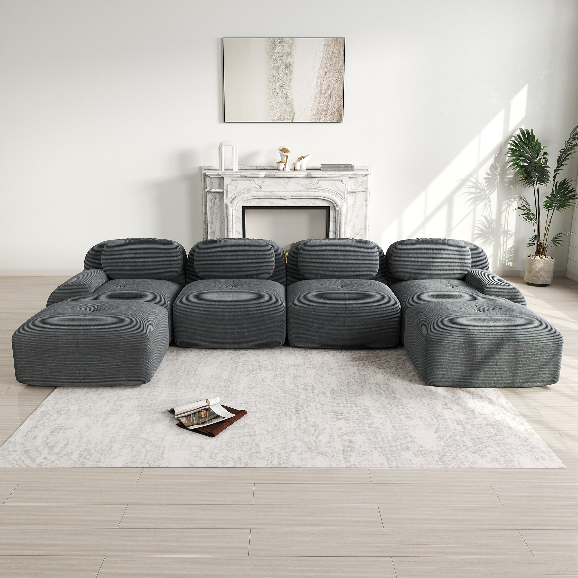 U-förmiges Panoramasofa 388x178x75 Cm – Modulares Sofa Aus Atmungsaktivem Cord Mit Breiten Armlehnen – 32d-hochleistungsschaumstoff – Grau
