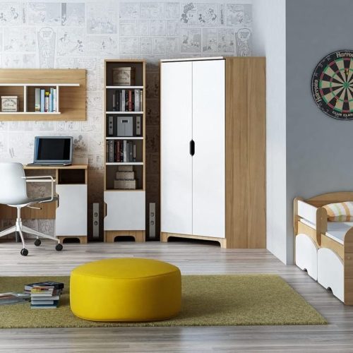 Kinderzimmer Komplett Set Nordi A (Set, 7-St., Bett mit 10cm Matratze + Eckschrank + Kommode + Regal + Schreibtisch + Hängendes Regal)