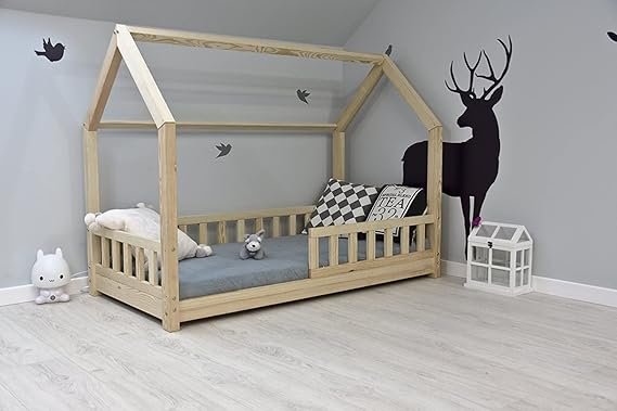Best For Kids Kinderbett Hausbett Kinderhaus mit Rausfallschutz Jugendbett mit 10 cm Matratze Natur Haus Holz Bett (90x200 cm ohne Matratze)