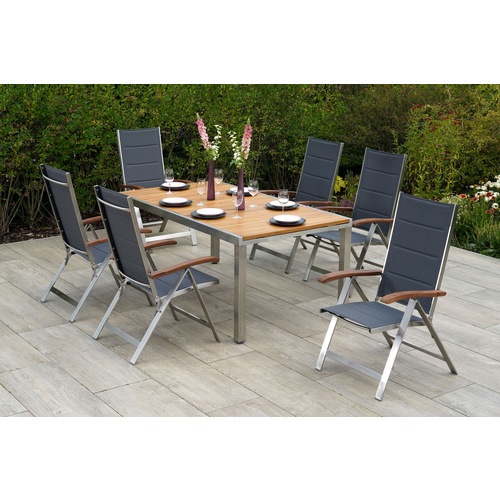 MERXX Gartenmöbelset »Ferrara«, 7-tlg., gepadded/klappbar, Edelstahl/Textil/Akazie - grau