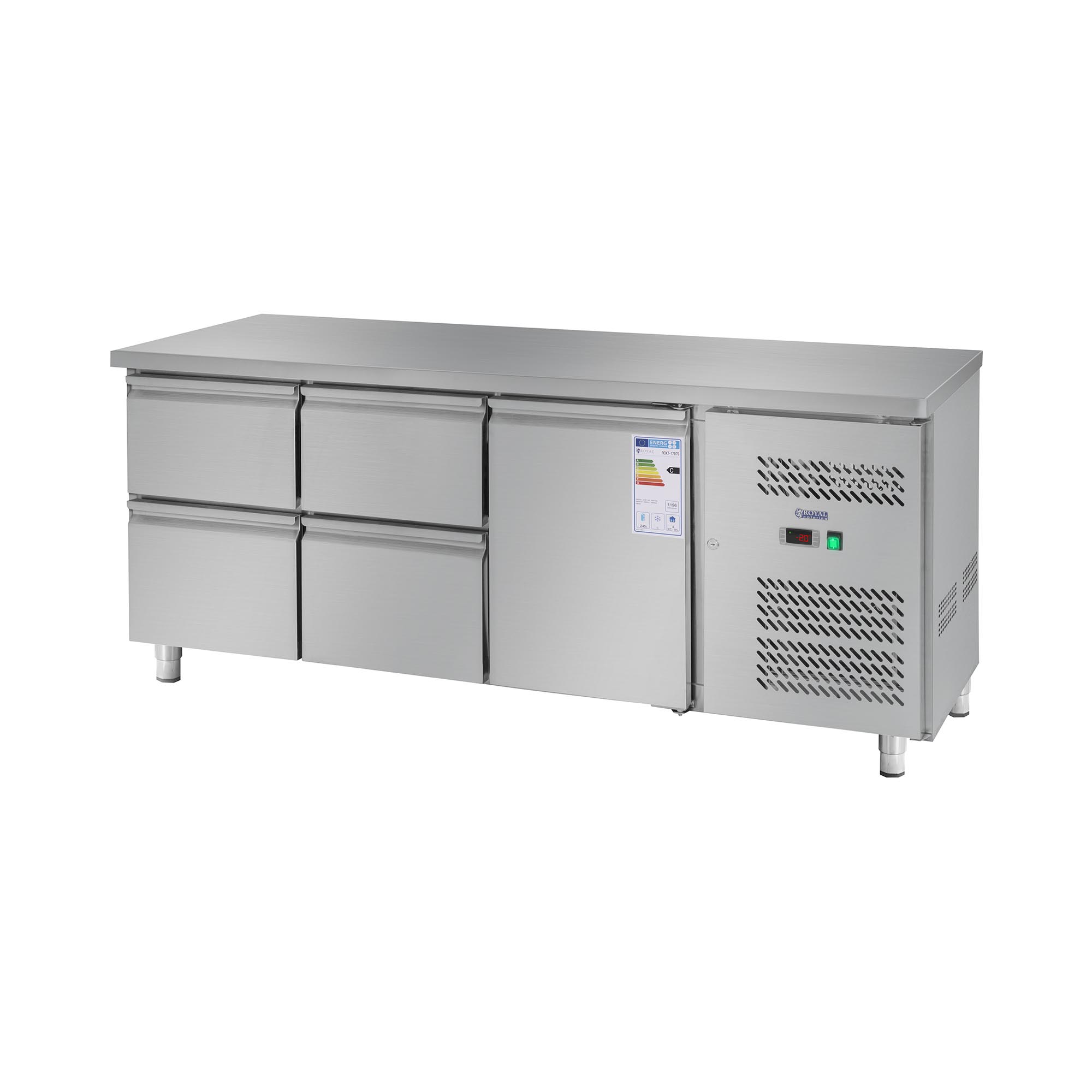 Kühltisch - 403 L - 1 Fach- 4 Schubladen - 179,5 x 71 cm - Klasse B - Edelstahl - Royal Catering Kühltisch - 403 L - 1 Fach- 4 Schubladen - 179,5 x 71 cm - Klasse B - Edelstahl - Royal Catering