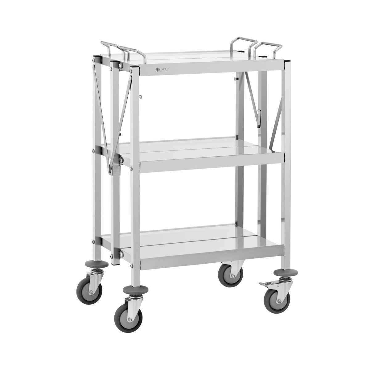Servierwagen – Edelstahl – 3 Borde – Ablagen: 58 x 40 cm – 100 kg – klappbar – Royal Catering Servierwagen – Edelstahl – 3 Borde – Ablagen: 58 x 40 cm – 100 kg – klappbar – Royal Catering
