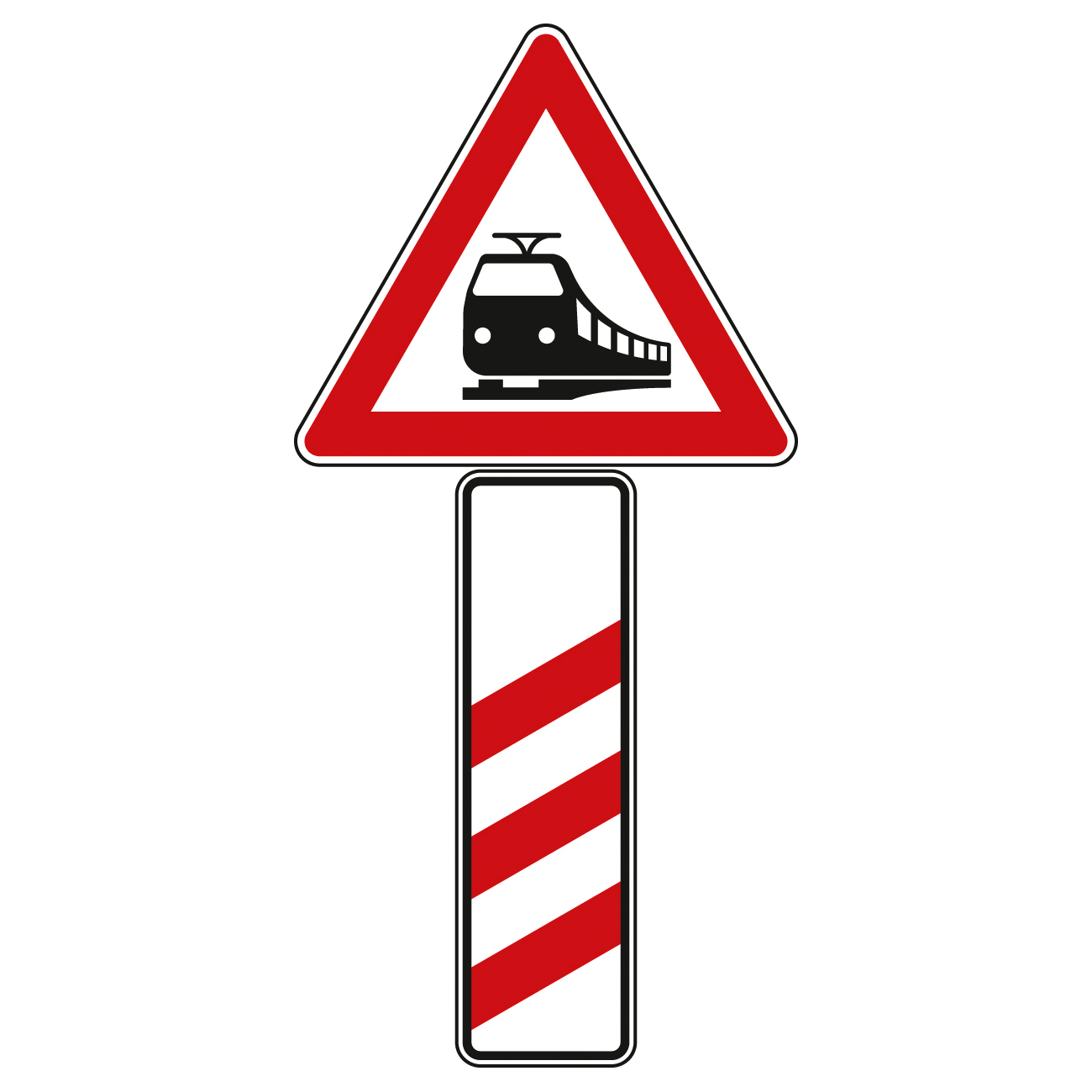 Verkehrszeichen StVO -  Verkehrsschild Bahnübergang mit dreistreifiger Bake