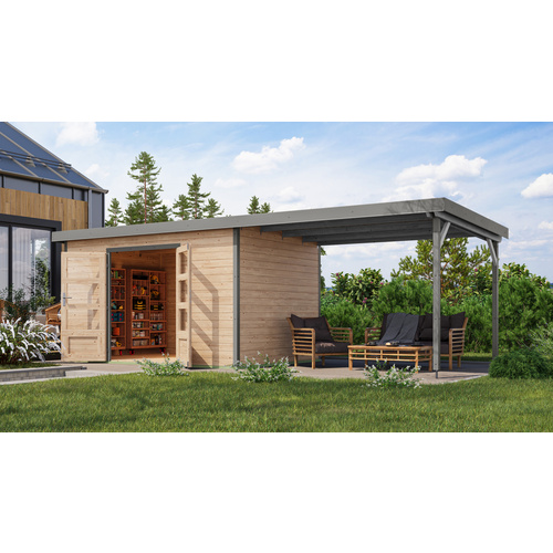 KARIBU Gartenhaus »Haby 7 A«, BxHxT: 693 x 219 x 240 cm (Außenmaße inkl. Dachüberstand), Wandstärke 28 mm - braun