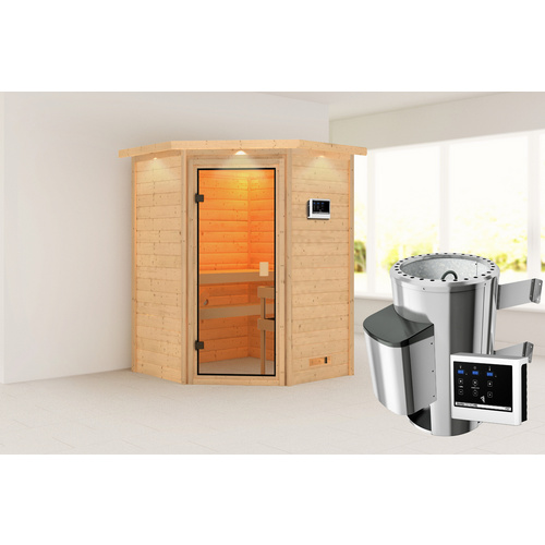KARIBU Sauna »Reval«, BxTxH: 173 x 159 x 191 cm, 3,6 kW Ofen mit externe Steuerung , für 2 Personen - beige
