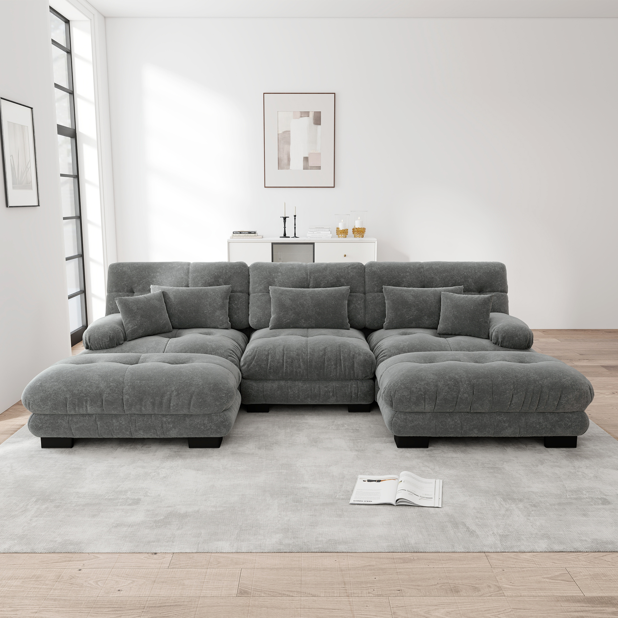 Ecksofa – 2-sitzer-sofa – Wohnzimmersofa Mit 2 Lendenkissen – 2 Zierkissen – 2 Fußstützen – Chenille – Gepolstertes Sofa „nuée” – 313x145x81 Cm – Grau