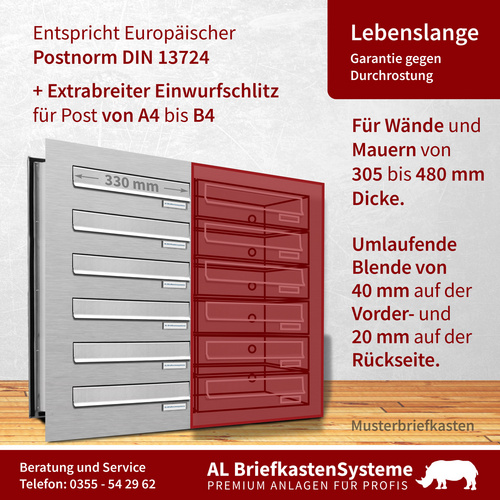 AL BRIEFKASTENSYSTEME Briefkasten, Parteien: 16, Mauerdurchwurf, BxHxT: 153,497 x 46,0 x 48,0 cm - silberfarben