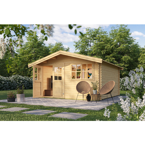 Mr. GARDENER Blockbohlenhaus »Isar«, BxT: 424 x 443 cm (Aufstellmaße), Satteldach, Wandstärke 34mm - beige Mr. GARDENER Blockbohlenhaus »Isar«, BxT: 424 x 443 cm (Aufstellmaße), Satteldach, Wandstärke 34mm - beige