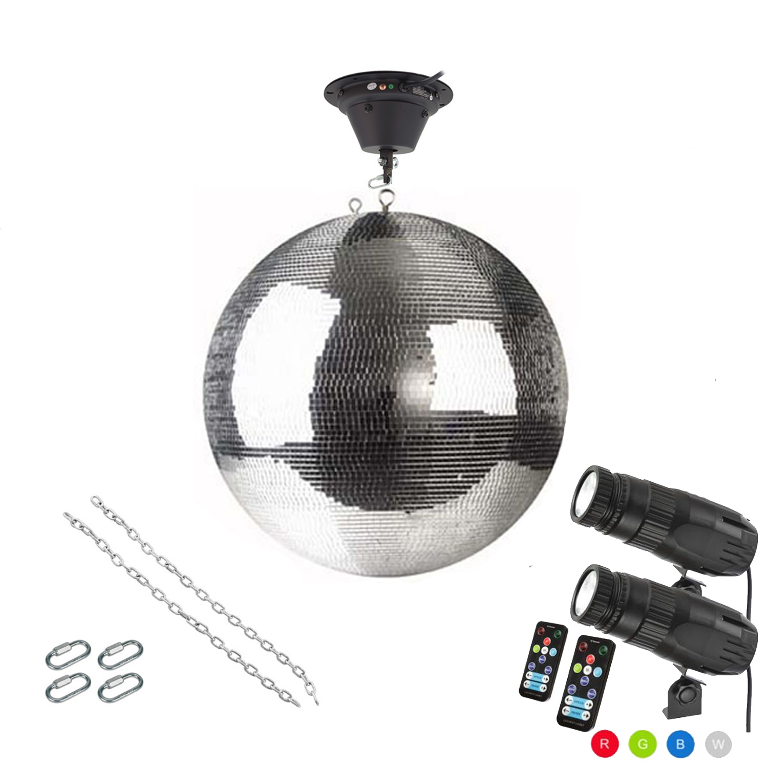 Spiegelkugel Komplettset 50cm mit Motor, 2 x 9W LED Pinspot (RGB) und Montagematerial PROFI Spiegelkugel Komplettset 50cm mit Motor, 2 x 9W LED Pinspot (RGB) und Montagematerial PROFI