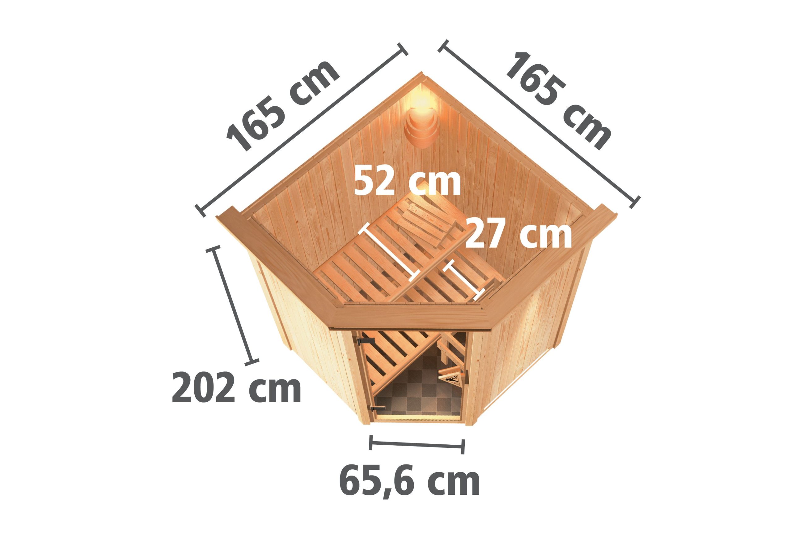 Karibu Sauna Larin mit Eckeinstieg 68 mm-9 kW Ofen integr. Steuerung-ohne Dachkranz- Isolierte Saunatür