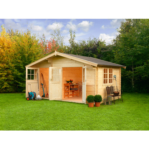 Mr. GARDENER Gartenhaus »Belmont 2«, Holz, BxHxT: 480 x 270 x 280 cm (Außenmaße inkl. Dachüberstand) - beige