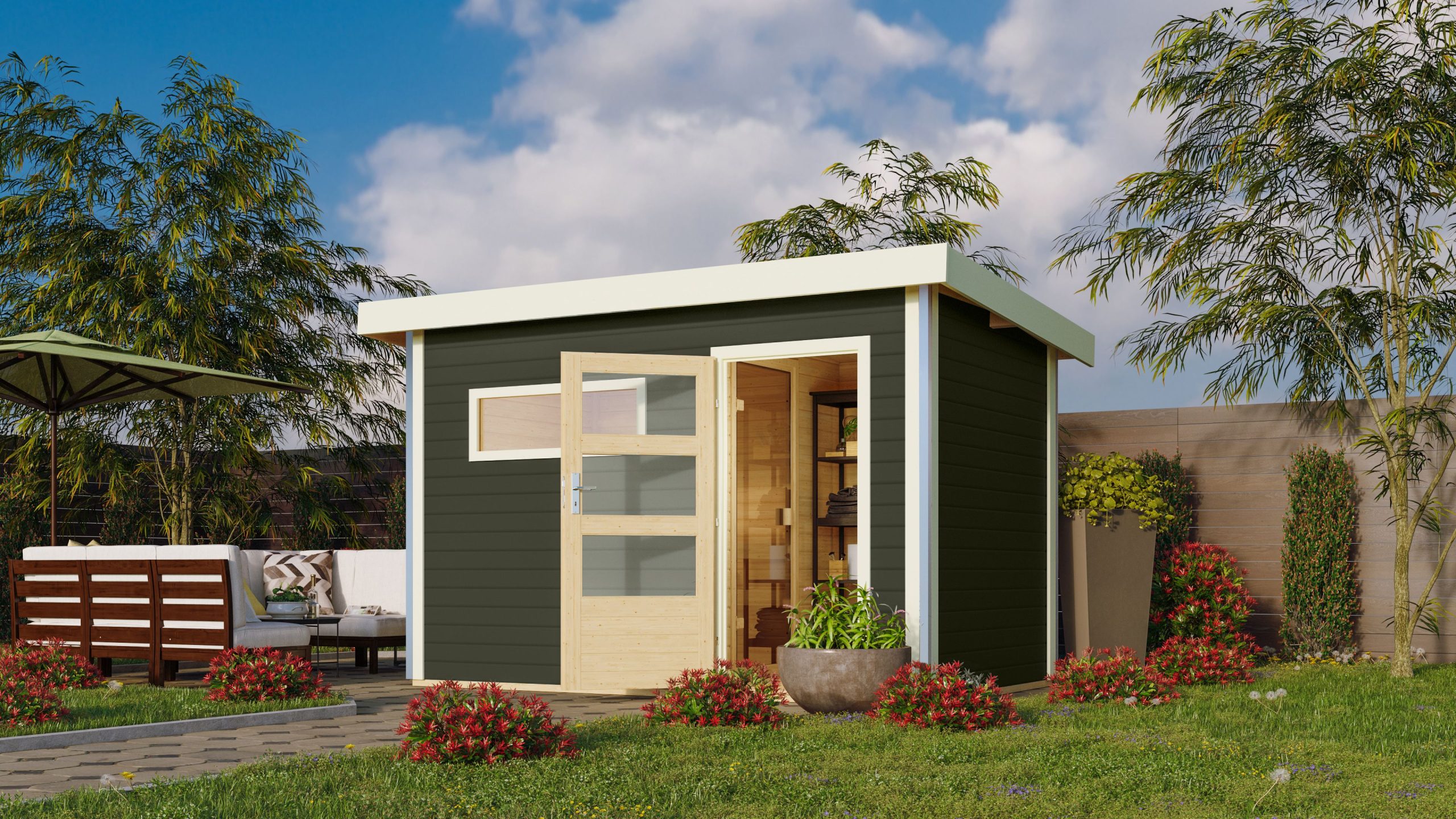 Karibu Gartensauna Pultdach Saunahaus Skrollan 1 mit Vorraum terragrau Moderne Saunatür (Klarglas) Ohne Ofen - Gallery 2 Karibu Gartensauna Pultdach Saunahaus Skrollan 1 mit Vorraum terragrau Moderne Saunatür (Klarglas) Ohne Ofen
