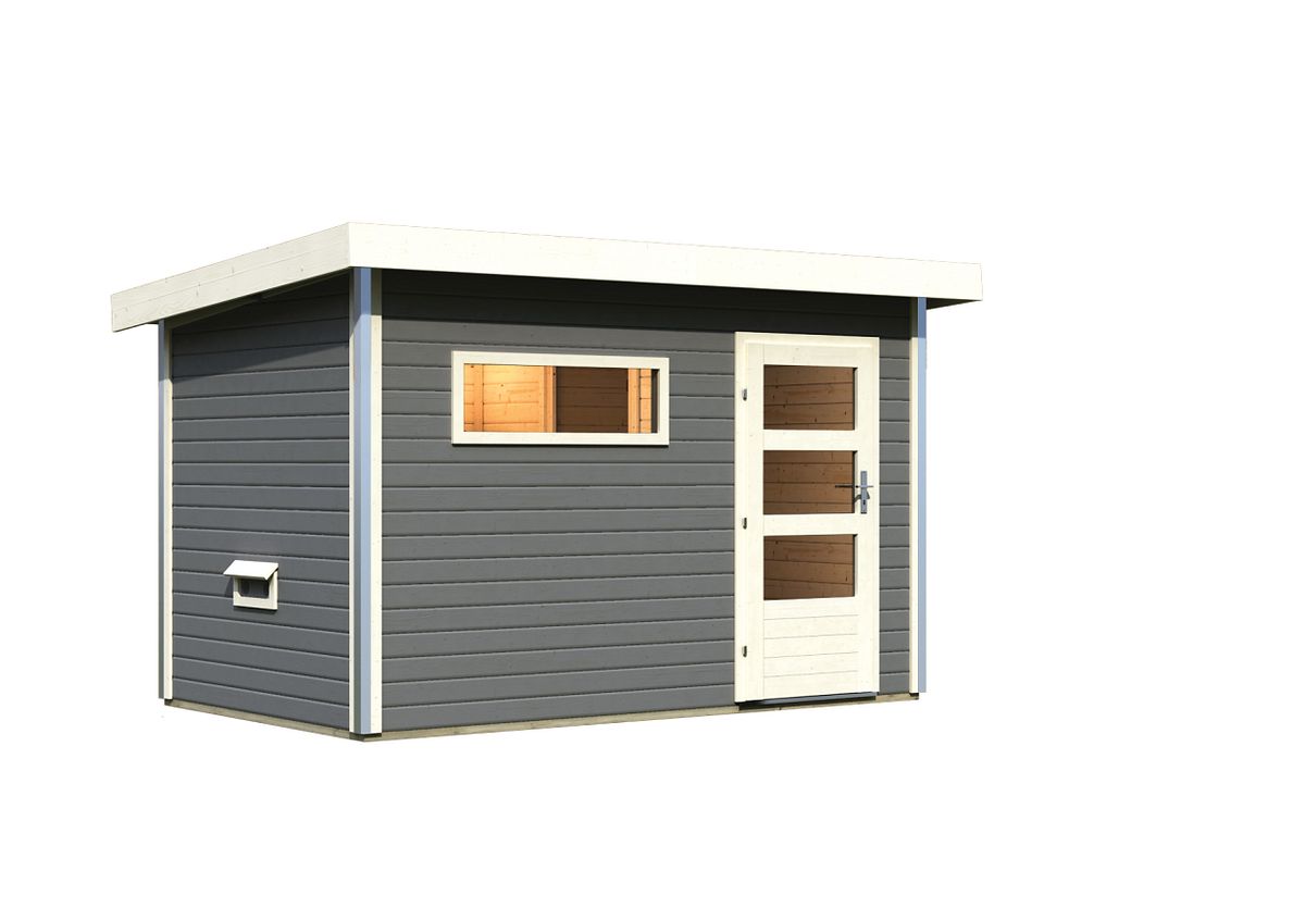 Karibu Gartensauna Pultdach Saunahaus Skrollan 1 mit Vorraum terragrau Moderne Saunatür (Klarglas) Ohne Ofen Karibu Gartensauna Pultdach Saunahaus Skrollan 1 mit Vorraum terragrau Moderne Saunatür (Klarglas) Ohne Ofen