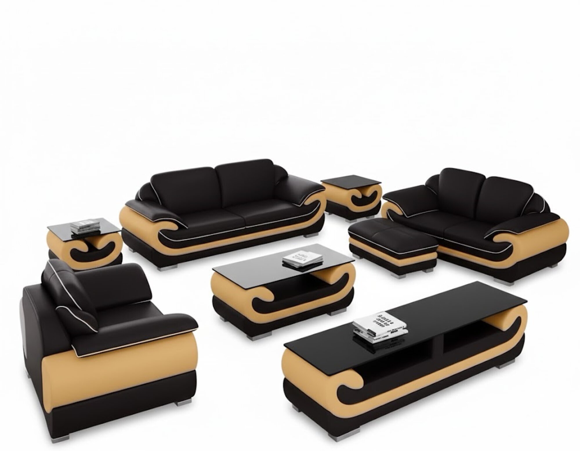 Klassische Ledersofa Garnitur Komplett Set 8 tlg. Wohnzimmer Set Tisch Hocker Sofort