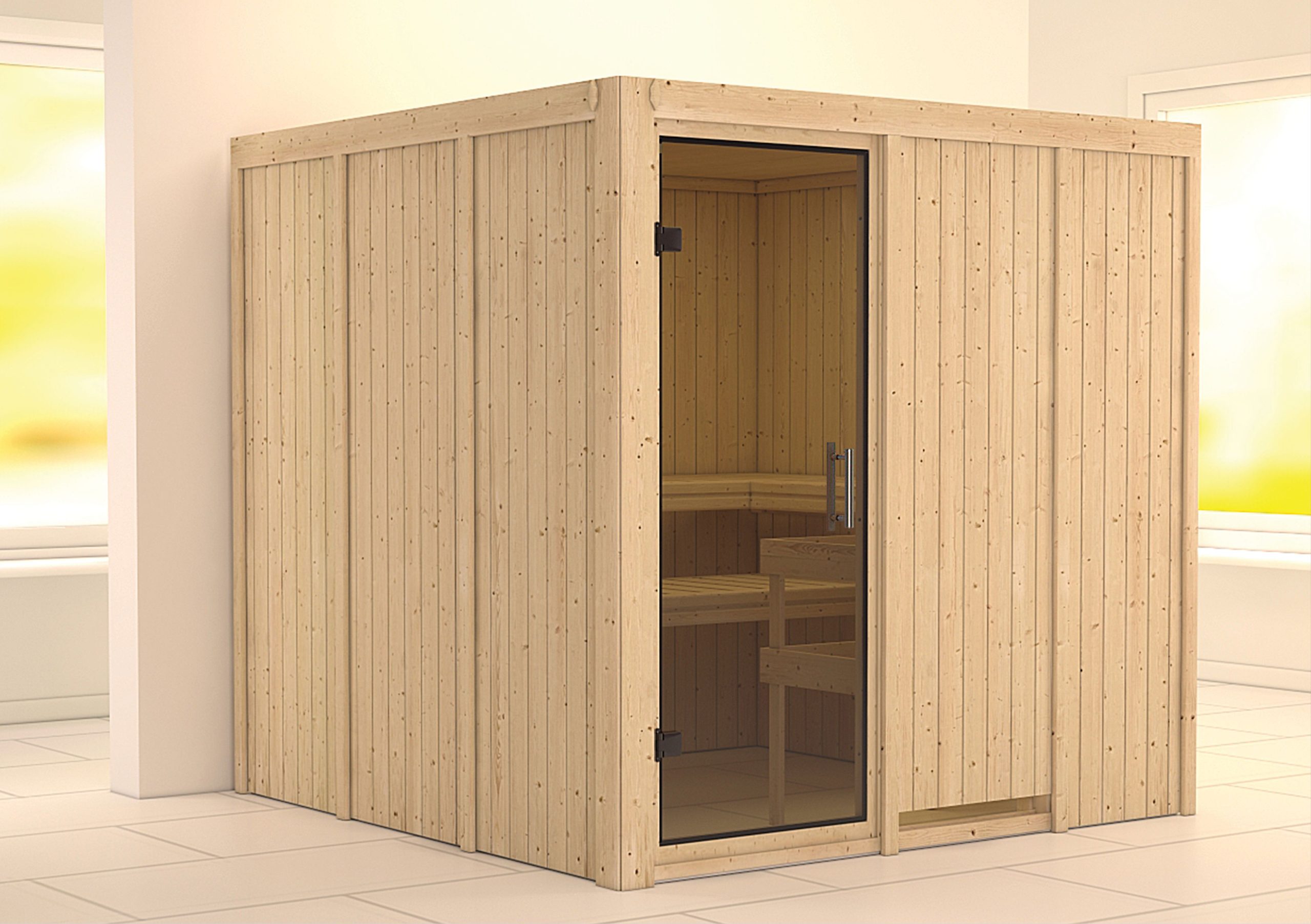 Karibu Sauna Rodin mit Fronteinstieg 68 mm-Ohne Ofen-ohne Dachkranz-Ganzglastür in Graphit-Optik