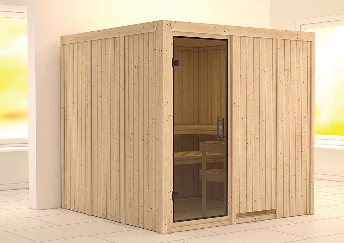 Karibu Sauna Rodin mit Fronteinstieg 68 mm-Ohne Ofen-ohne Dachkranz-Ganzglastür in Graphit-Optik