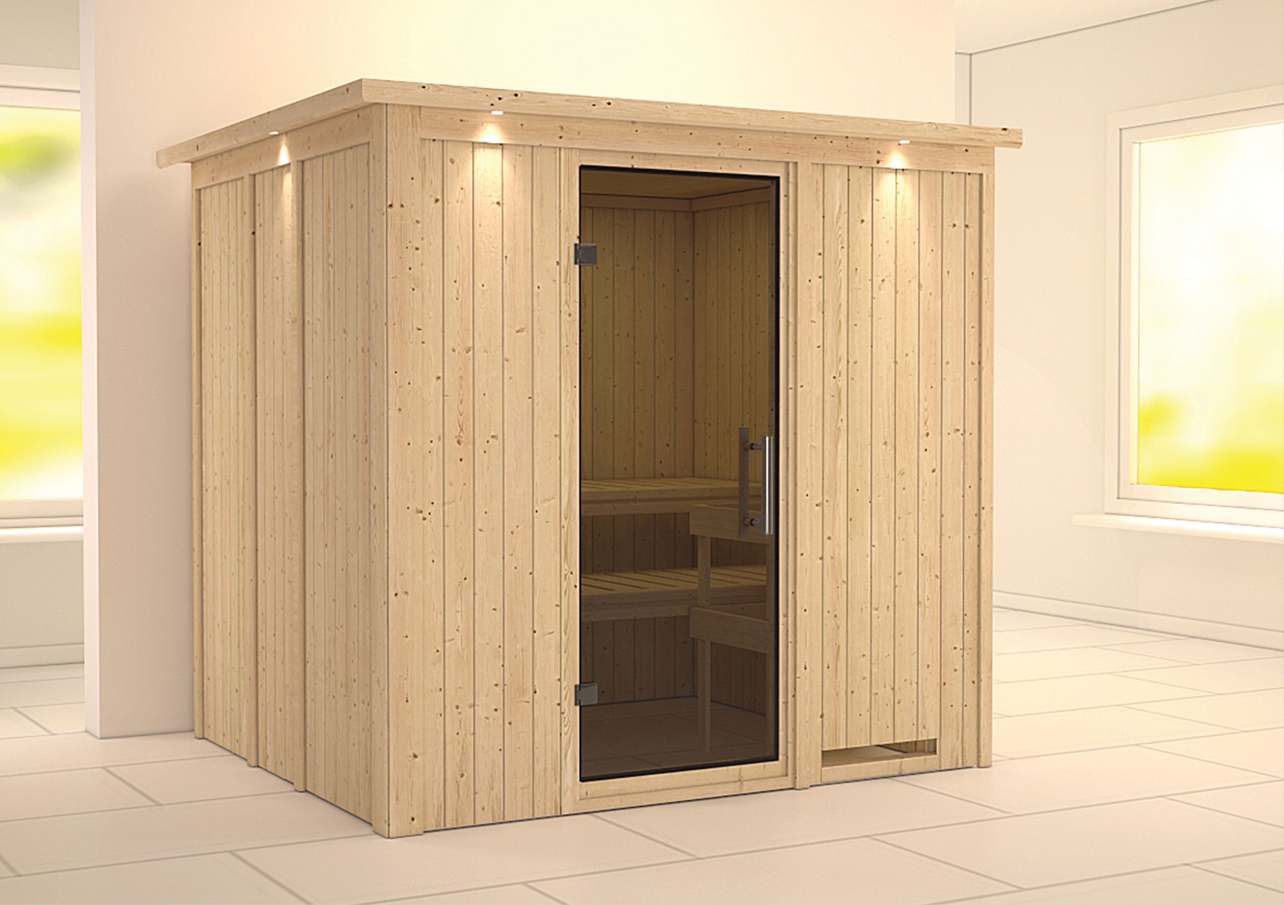 Karibu Sauna Sodin mit Fronteinstieg 68 mm-Ohne Ofen-inkl. Dachkranz-Ganzglastür in Graphit-Optik - Gallery 2 Karibu Sauna Sodin mit Fronteinstieg 68 mm-Ohne Ofen-inkl. Dachkranz-Ganzglastür in Graphit-Optik