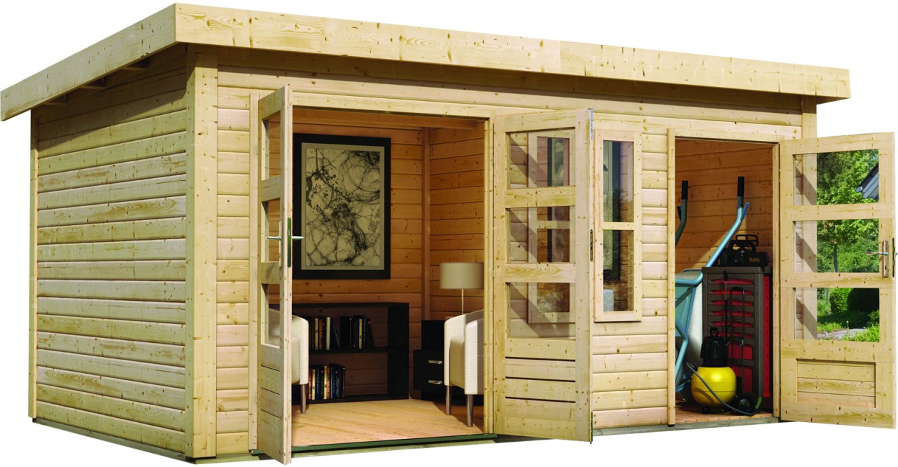 Gartenhaus Holz SCHÖNBUCH 2 426 x 276 m 38 mm Flachdachhaus Naturbelassen