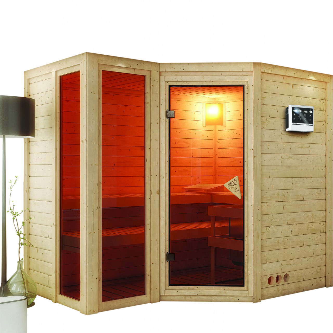 Massivholzsauna AMARA 236 x 184 m 40 mm 9.0 kW BioKombiofen inkl. Steuergerät ohne Dachkranz