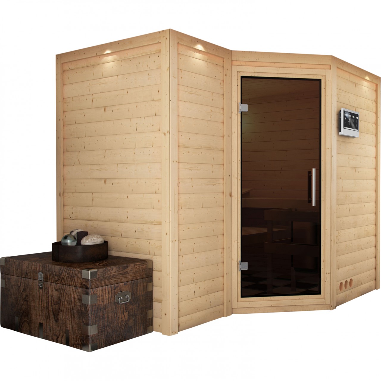 Massivholzsauna SAHIB 2 236 x 184 m 40 mm 9.0 kW BioKombiofen inkl. Steuergerät ohne Dachkranz Ganzglastür graphit - Gallery 3 Massivholzsauna SAHIB 2 236 x 184 m 40 mm 9.0 kW BioKombiofen inkl. Steuergerät ohne Dachkranz Ganzglastür graphit
