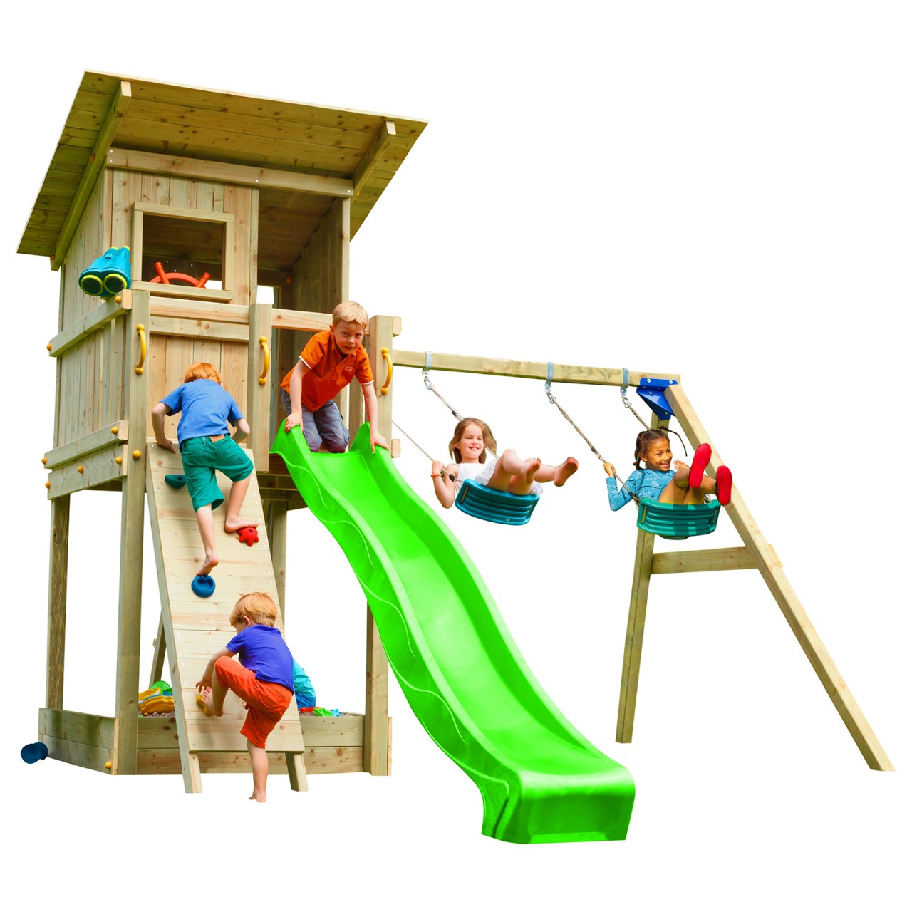 Spielturm BEACH HUT mit Rutsche + Doppelschaukel + Kletterwand Grün 150 m