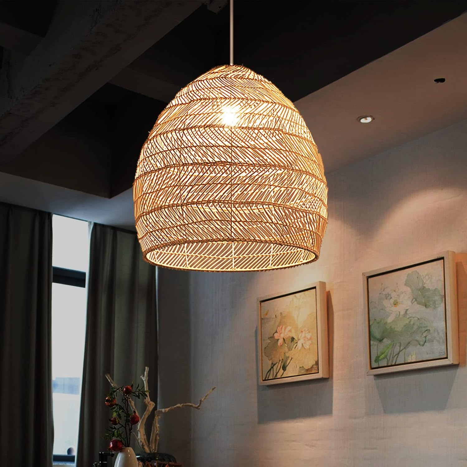 Tonchean - Vintage Rattan Pendelleuchte, Hängelampe Mit E27 Lampenschirm, Für Esszimmer, Café, Restaurant, 40x40cm