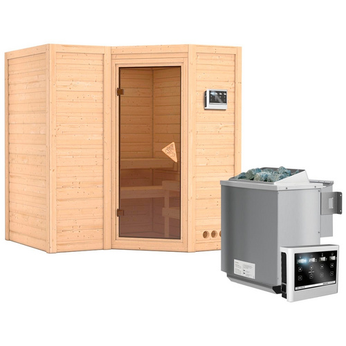 KARIBU Sauna »Riga 1«, inkl. 9 kW Bio-Kombi-Saunaofen mit externer Steuerung, für 3 Personen - beige