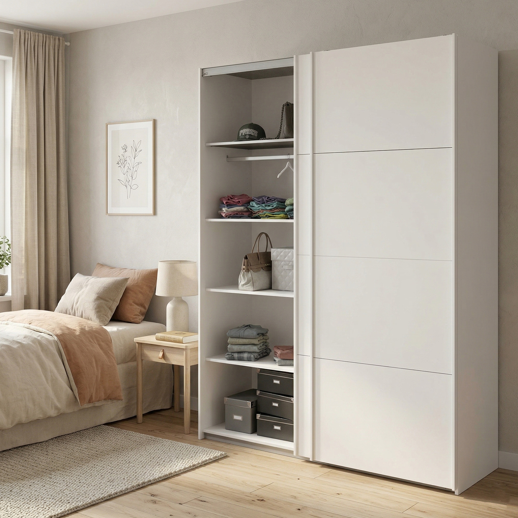 Kleiderschrank 2 Türen London, Schlafzimmermöbel, Schrank, Garderobe, 182x62 H220 Cm, Glänzendes Weiß - Dmora