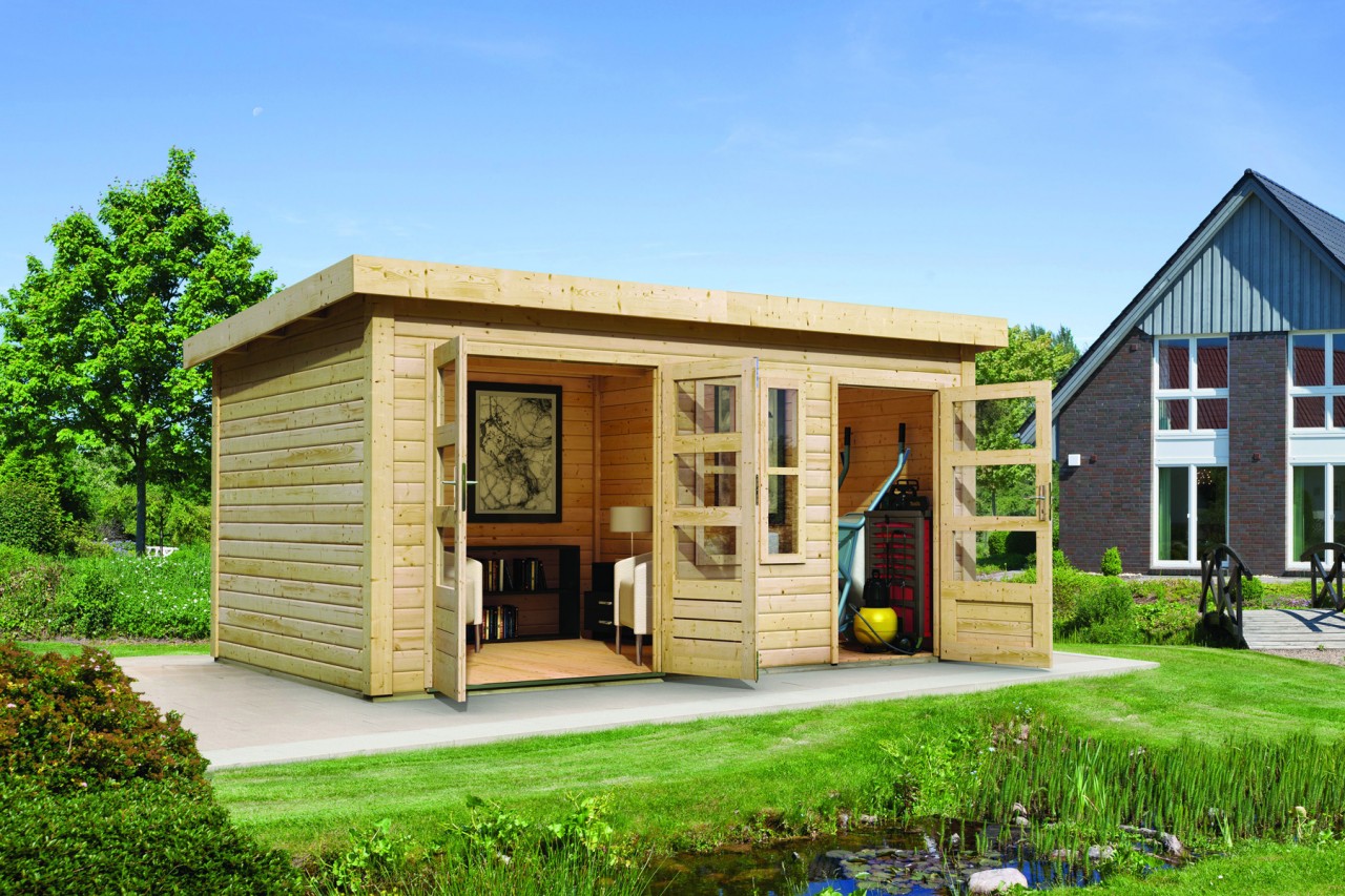 Gartenhaus Holz SCHÖNBUCH 2 426 x 276 m 38 mm Flachdachhaus Naturbelassen