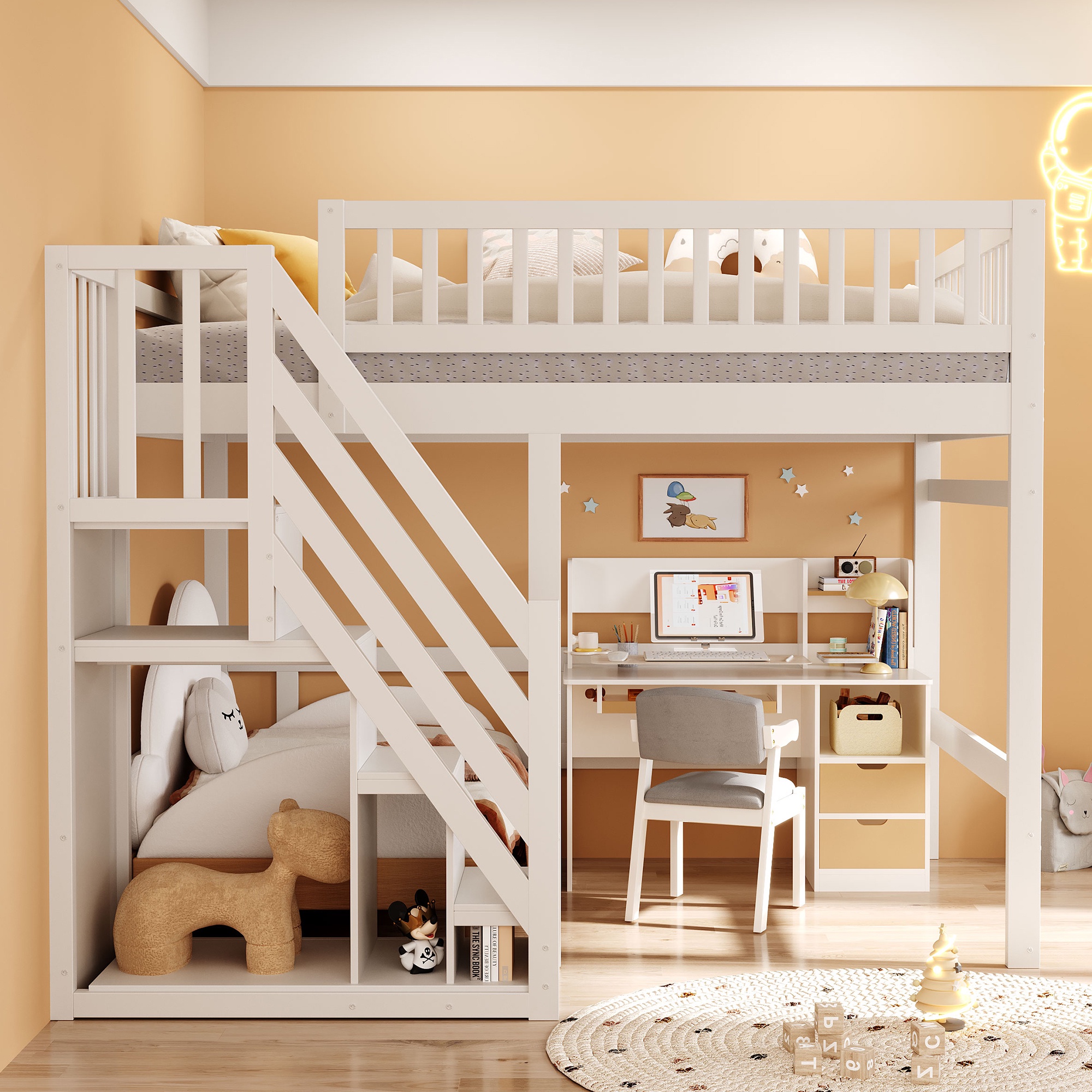 Hochbett 140x200 Cm – Bett Aus Massivholz – Mit Stauraumtreppe Und Hohen Geländern – Holzrahmen – Kinderbett – Weiß Hochbett 140x200 Cm – Bett Aus Massivholz – Mit Stauraumtreppe Und Hohen Geländern – Holzrahmen – Kinderbett – Weiß