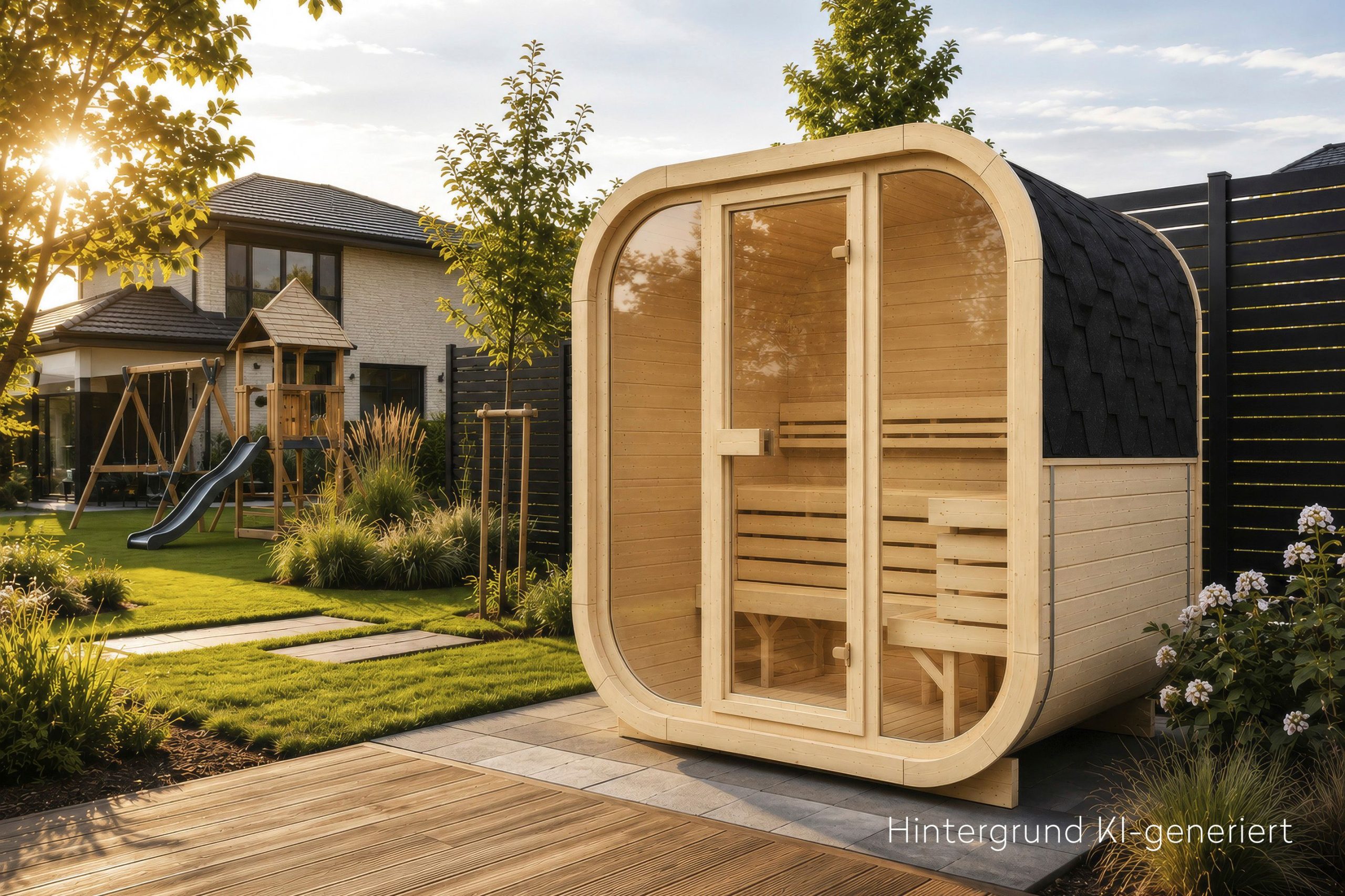 Wolff Finnhaus Sauna Iris 2015 - 42 mm Schwarz Ohne Ofen Thermoholz (braun) Bausatz zur Selbstmontage