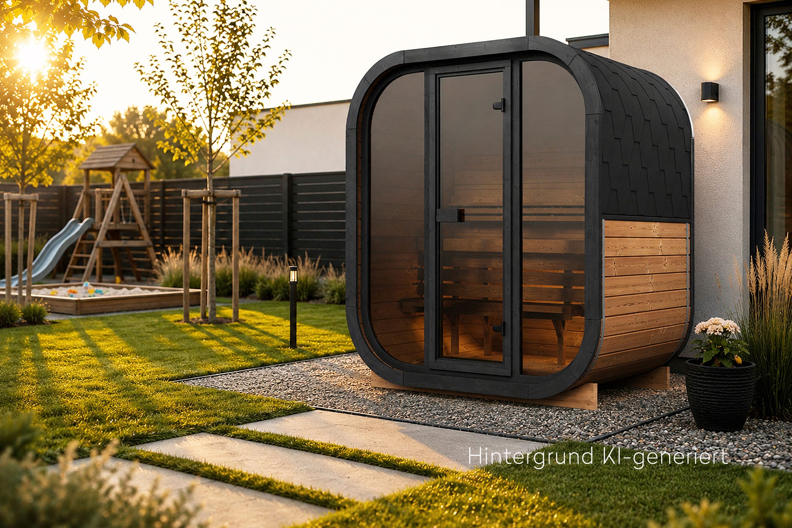 Wolff Finnhaus Sauna Iris 2015 - 42 mm Schwarz Ohne Ofen Thermoholz (braun) Bausatz zur Selbstmontage