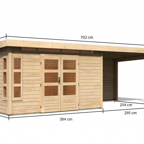 Gartenhaus KASTORF 7 28 mm 364 x 244 m Naturbelassen inkl. 320 m Anbaudach + Rückwand Gartenhaus KASTORF 7 28 mm 364 x 244 m Naturbelassen inkl. 320 m Anbaudach + Rückwand