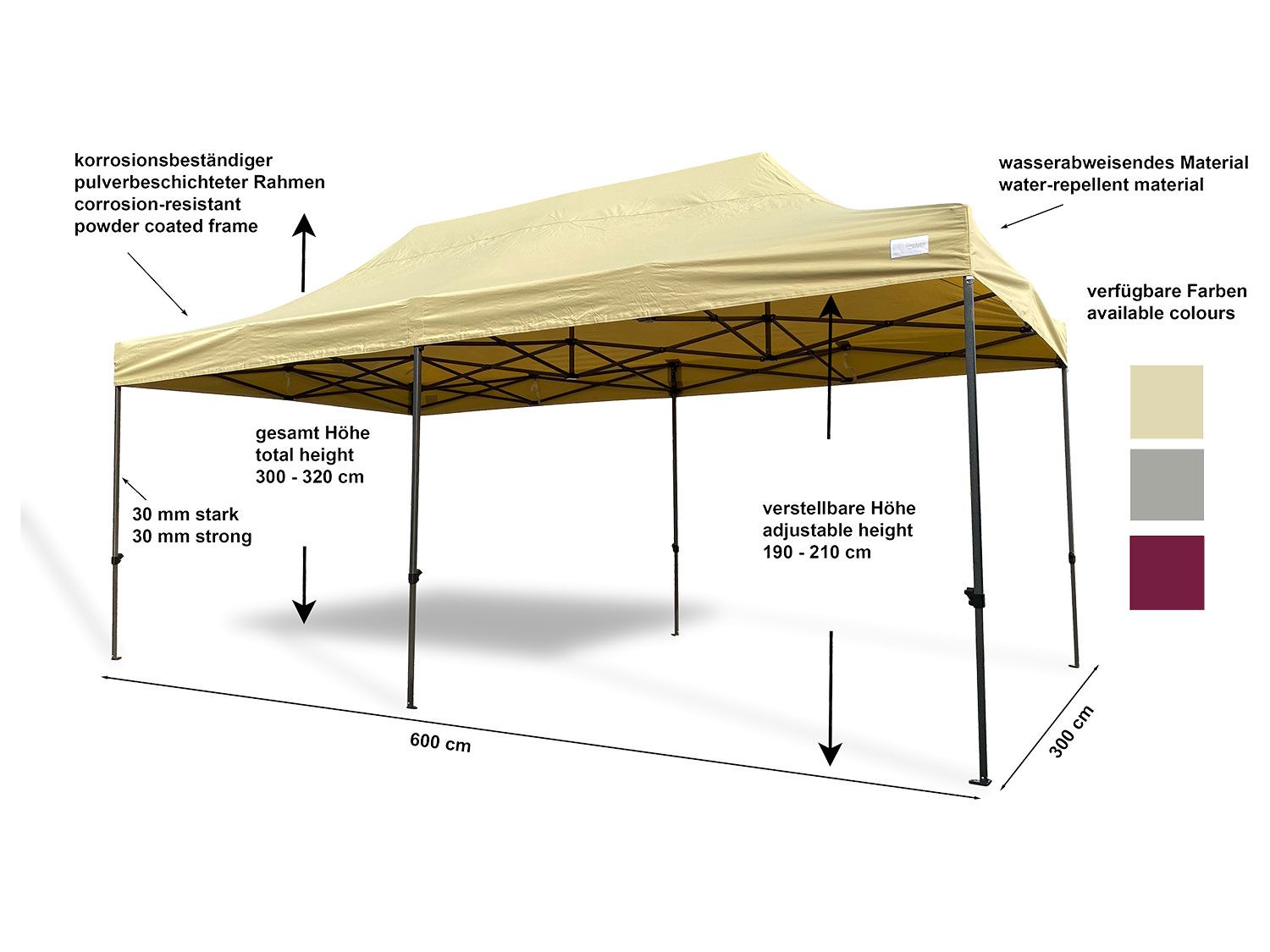 GRASEKAMP Faltpavillon Premium Line (3x6m + Seitenteile, Beige)