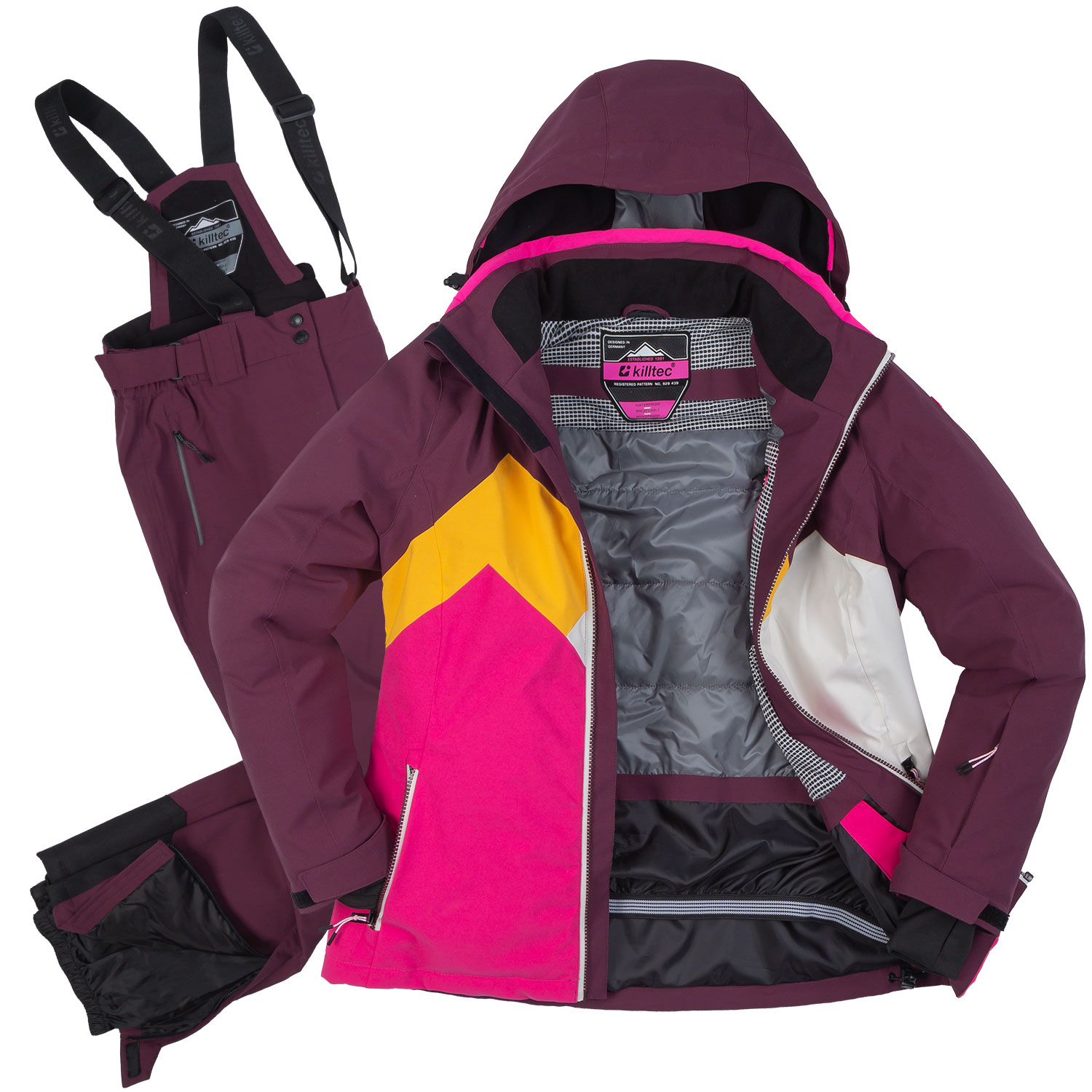 killltc Damen Skianzug 2 Teile - Skijacke in Pflaume mit geometrischen muster - verschweißte Nähte wasserabweisend Kapuze abnehmbar killltc Damen Skianzug 2 Teile - Skijacke in Pflaume mit geometrischen muster - verschweißte Nähte wasserabweisend Kapuze abnehmbar