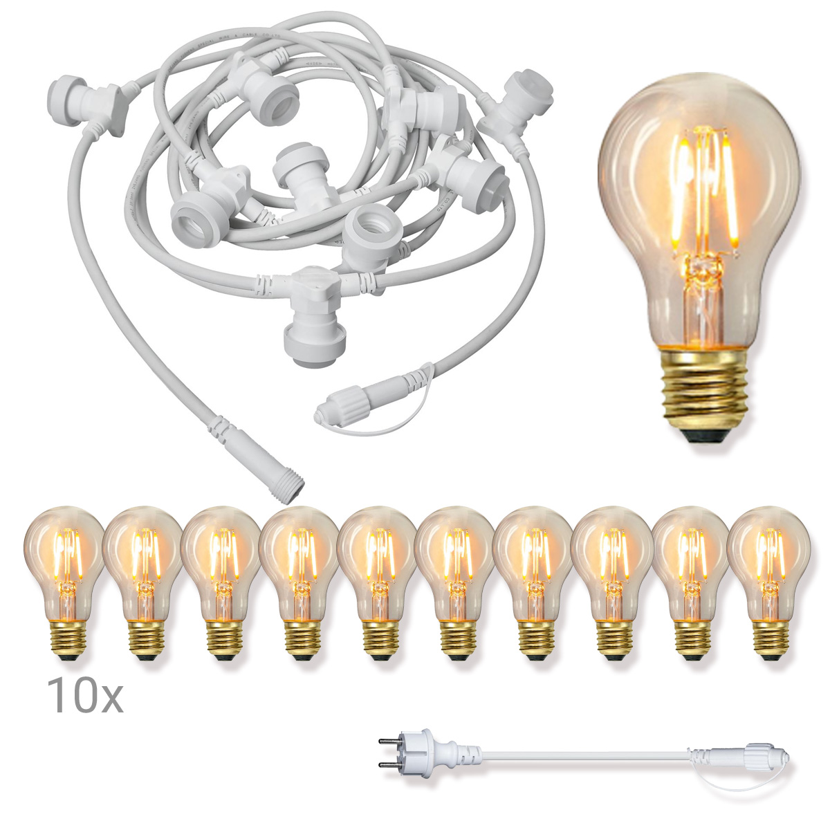 Komplettset CONNECTA WHITE - Lichterkette 7,35m+5m Zuleitung - 10 x Edison LED Leuchtmittel - IP44 - Gallery 1 Komplettset CONNECTA WHITE - Lichterkette 7,35m+5m Zuleitung - 10 x Edison LED Leuchtmittel - IP44