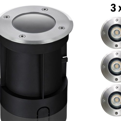 3er Boden LED Einbaustrahler Set IP67 rund mit Marken GU10 LED Spot Kanlux IQ-LEDDIM 7 W dimmbar