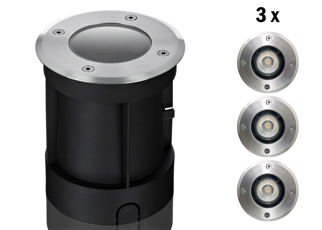 3er Boden LED Einbaustrahler Set IP67 rund mit Marken GU10 LED Spot Kanlux IQ-LEDDIM 7 W dimmbar 3er Boden LED Einbaustrahler Set IP67 rund mit Marken GU10 LED Spot Kanlux IQ-LEDDIM 7 W dimmbar