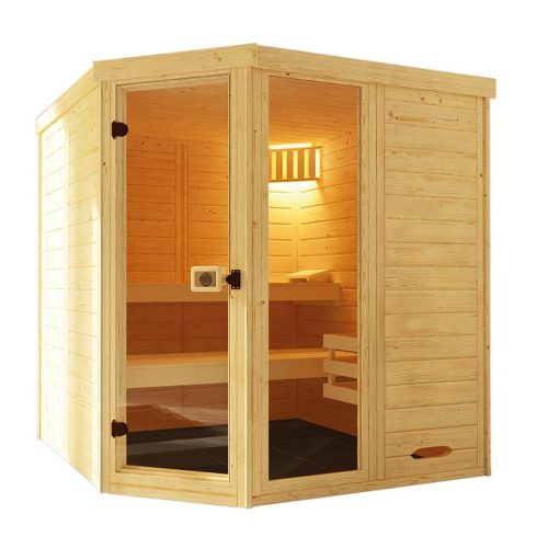 Weka Massivholz-Elementsauna Laukkala 3 mit Glastür+Fenster - 38 mm mit Eckeinstieg 9 kW Kompaktofen mit integrierter Steuerung