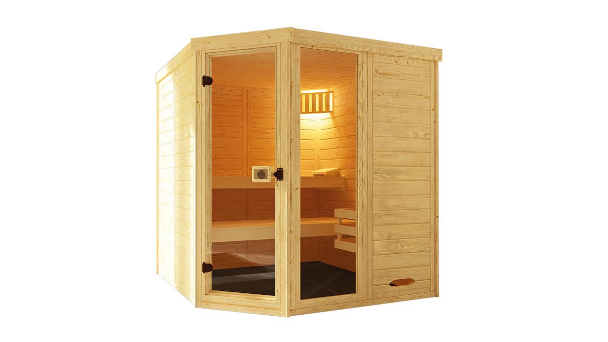 Weka Massivholz-Elementsauna Laukkala 3 mit Glastür+Fenster - 38 mm mit Eckeinstieg 9 kW Kompaktofen mit integrierter Steuerung Weka Massivholz-Elementsauna Laukkala 3 mit Glastür+Fenster - 38 mm mit Eckeinstieg 9 kW Kompaktofen mit integrierter Steuerung