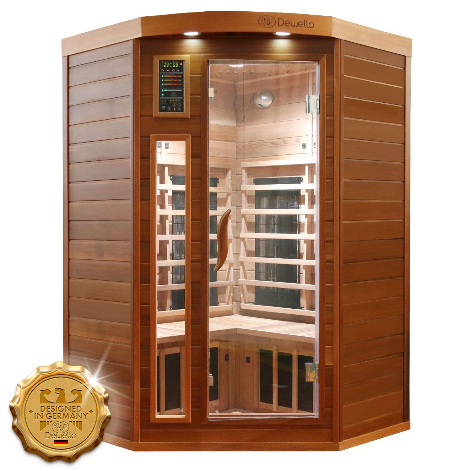 Dewello Infrarotkabine Infrarotsauna LAKEFIELD PRO Zeder 140cm x 140cm inkl. Vollspektrumstrahler, Bodenstrahler Dewello Infrarotkabine Infrarotsauna LAKEFIELD PRO Zeder 140cm x 140cm inkl. Vollspektrumstrahler, Bodenstrahler
