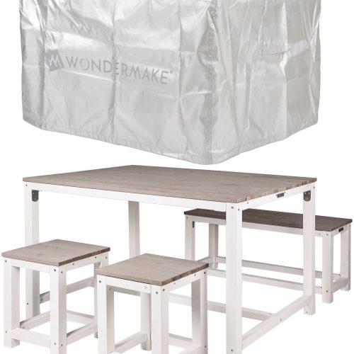 Wondermake® Design Sitzgruppe Sitzgarnitur Holz Mit Abdeckung Outdoor Garten Balkon 4 Personen Plätze, Essgruppe Möbel-set Essgarnitur Draußen Außen, 4-teilig: Tisch Sitzbank Stühle Hocker, Weiß Grau Wondermake® Design Sitzgruppe Sitzgarnitur Holz Mit Abdeckung Outdoor Garten Balkon 4 Personen Plätze, Essgruppe Möbel-set Essgarnitur Draußen Außen, 4-teilig: Tisch Sitzbank Stühle Hocker, Weiß Grau