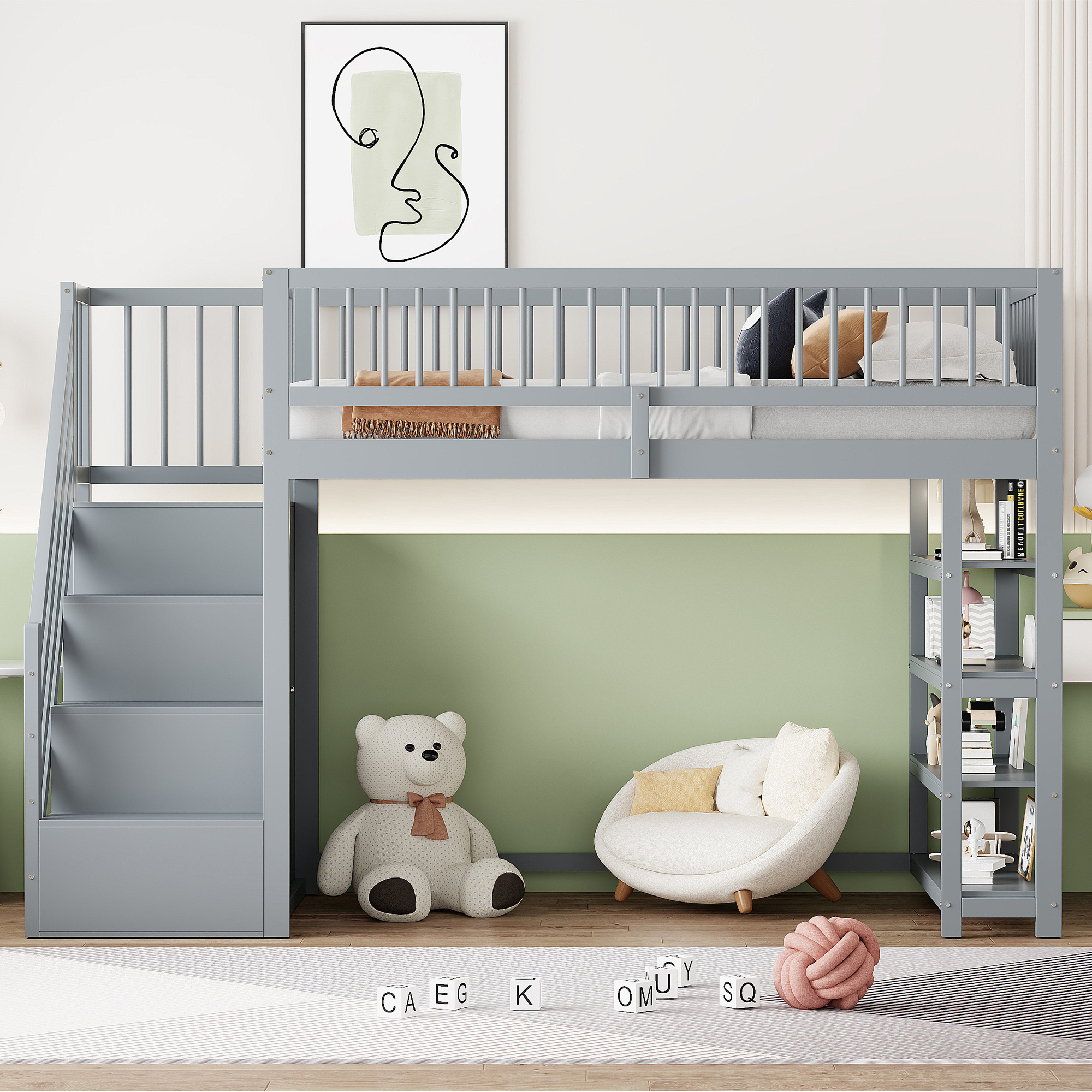 Hochbett 90x200 Cm, Kinderbett Mit Kleiderstange Und Stauraum, Sicherheitsleiter, Ausfallschutz-gitter, Lattenrost, Modernes Design, Massivholz, Grau Hochbett 90x200 Cm, Kinderbett Mit Kleiderstange Und Stauraum, Sicherheitsleiter, Ausfallschutz-gitter, Lattenrost, Modernes Design, Massivholz, Grau