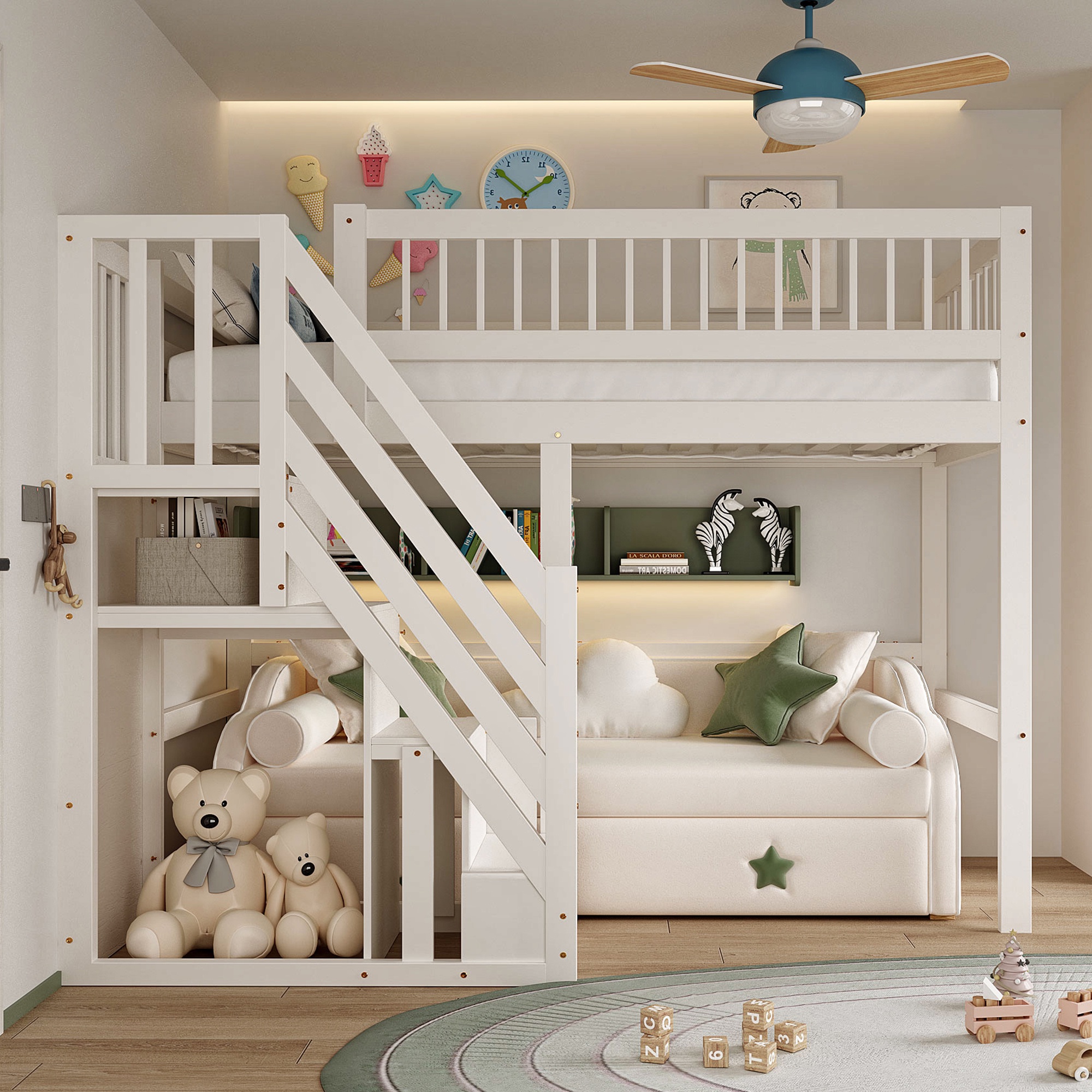 Hochbett 90x200 Cm – Bett Aus Massivholz – Mit Stauraumtreppe Und Hohen Geländern – Holzrahmen – Kinderbett  – Weiß